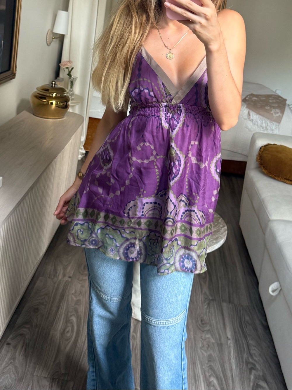Purple Paisley 100% Silk Babydoll Cami Top Y2K Boho Tunic Size M